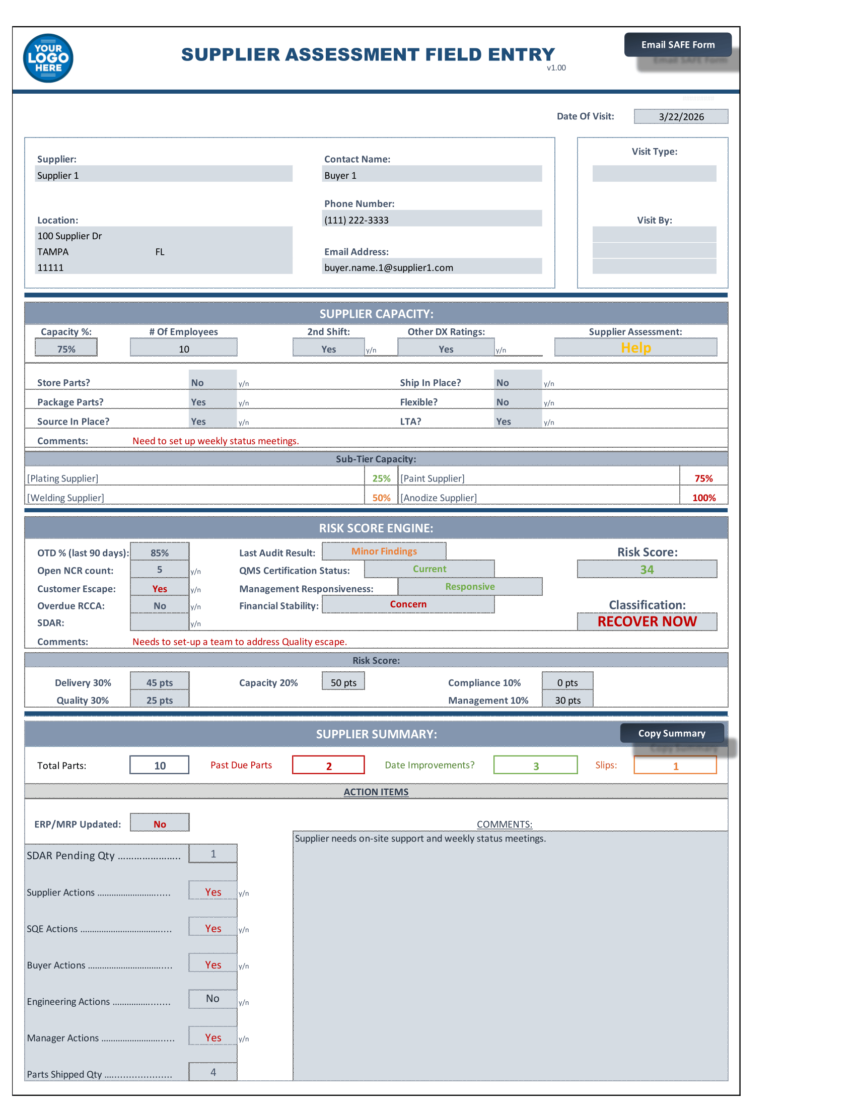 SAFE Supplier Assessment Field Entry form showing supplier capacity data, risk score engine, supplier summary, and action items sections