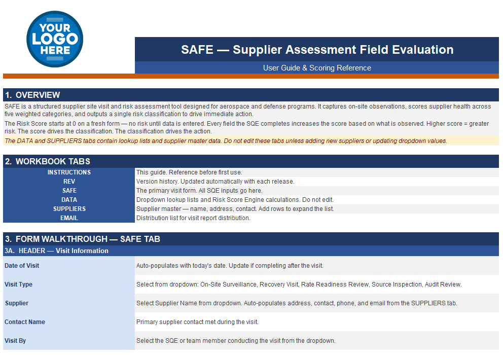 SAFE User Guide and Scoring Reference showing workbook tabs, form walkthrough, and overview